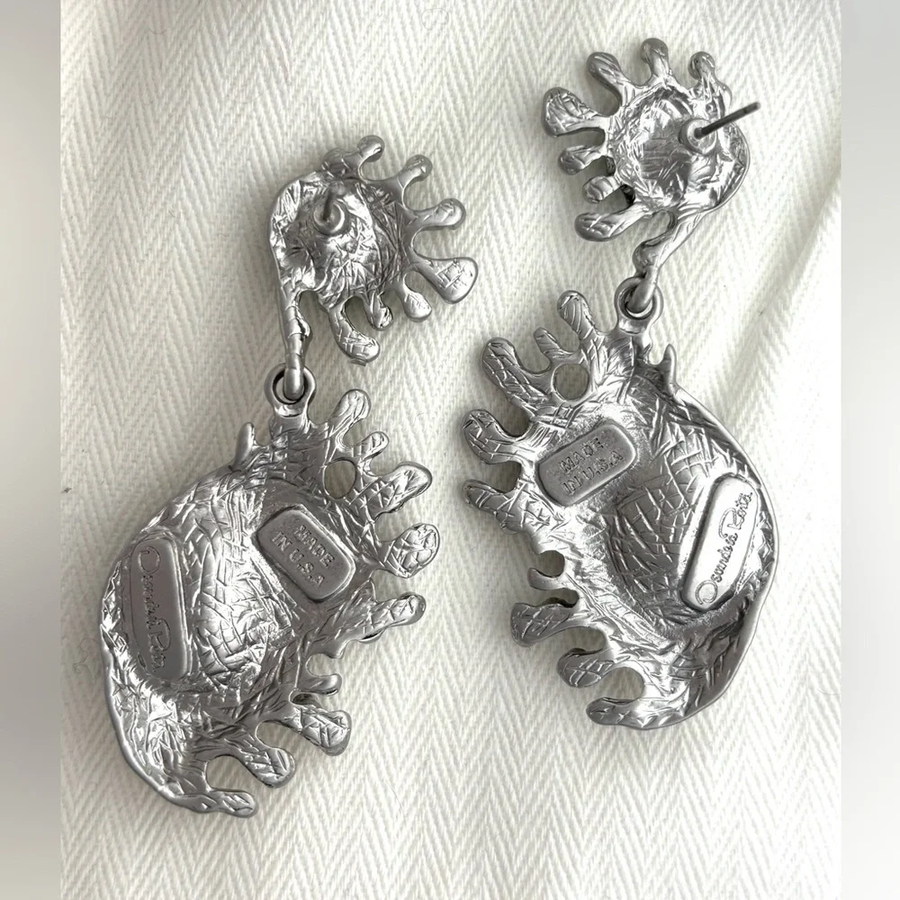 Oscar de la Renta • Silver Emerald Green Crystal Cactus Drop Post Earrings